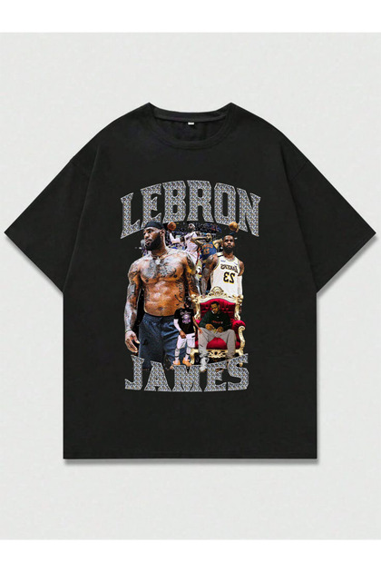 Lebron James Printed Unisex Oversized Cut 100% Cotton Crew Neck Black T-Shirt
