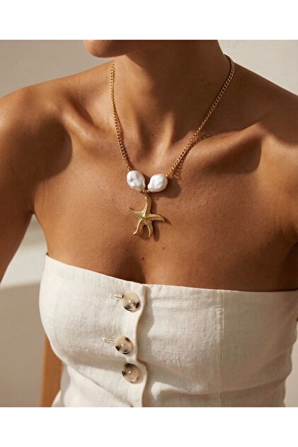 Gold Color Necklace with Starfish Figure and Baroque Pearl Detail