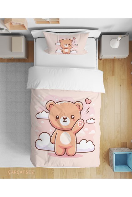 Pink Teddy Bear Patterned 3D Digital Print Pcs Single Bed Sheet Sız Kız Çocuk Duvet Cover Set Sleeping Set