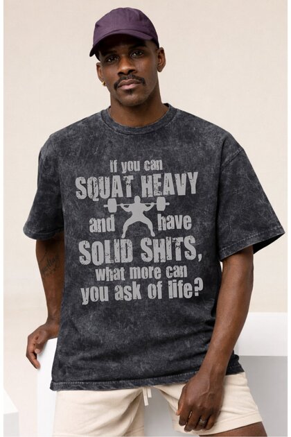 Squat Fitness Gym Bodybuilding Athlete Printed Unisex Oversized Vintage Washed T-Shirt