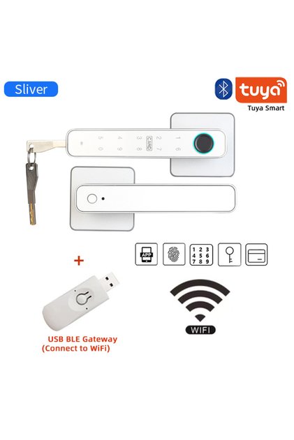 قفل باب ذكي رقمي XSDTS F3S-Silver Gateway مع مقبض تويا وبصمة الإصبع وبطاقة المفتاح ولوحة مفاتيح إلكترونية