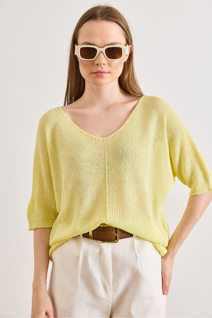 Women's Yellow V-Neck Mercerized Bat Drapey Knitwear Blouse Blz-19003210