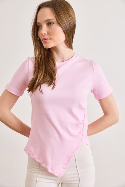 Women's Pink Drape Detailed Asymmetrical Cut Cotton T-Shirt Tsh-19000947