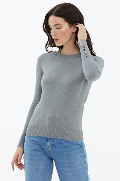 Zero Neck Buttoned Sleeve Knit Sweater - Dark Gray