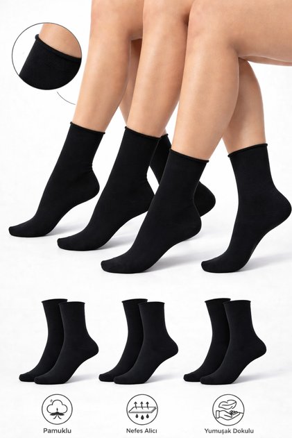 Cotton Women's Elasticless Black Socket Seamless Premium Socks 3 Pack / No Marks / Non-Squeezing Socks