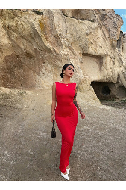 krmz butiks Red Backless Long Dress- Trendyol