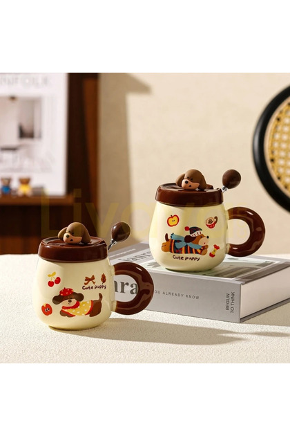 Ceramic Mug with Dog Figure, Lid and Spoon