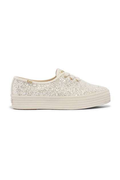 Women's Point Lace Up Platform Glitter Casual Sneaker Beige