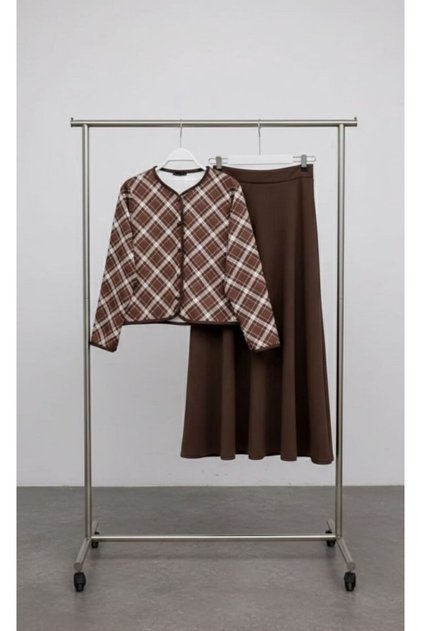 Women's Square Patterned Two-Piece Set Brown