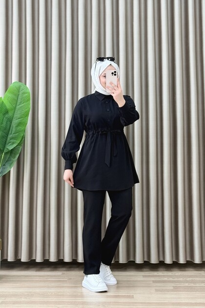 mercan moda DEFNE TAKIM Çilek Kumaş Kadın Siyah Fırfır Detaylı