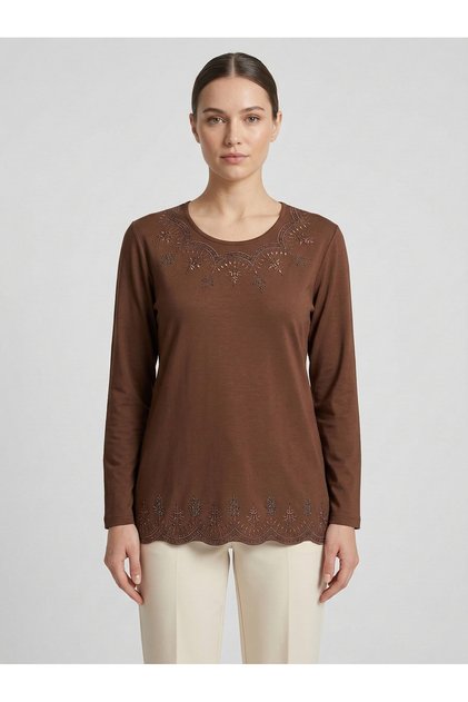 Women's Cinnamon Leaf Patterned Skirt and Embroidered Collar with Stones Stretch Fabric Viscose Mother Combed Cotton Blouse