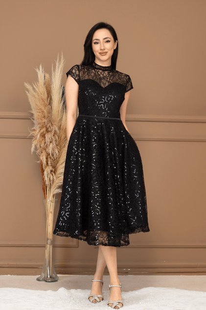 Lace Sequin Midi Dress - Black