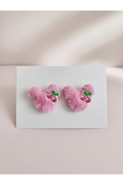 Set of Plush Side Buckles with Cherry Embroidery and Teddy Bear Figures - Pink Soft Furry Children's Rubber Buckle