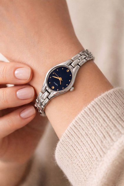 Silver Women's Wristwatch with Navy Blue Dial – Minimal Special Design Steel Luxury Analog Women's Watch