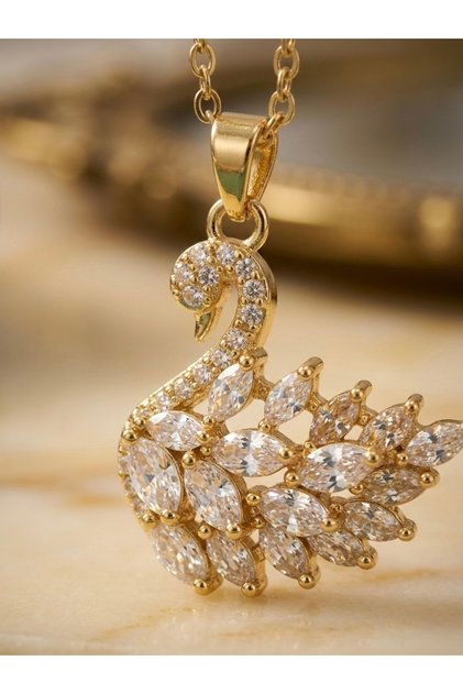 Swan Figured Marquise Zircon Stone Gold Color Steel Necklace