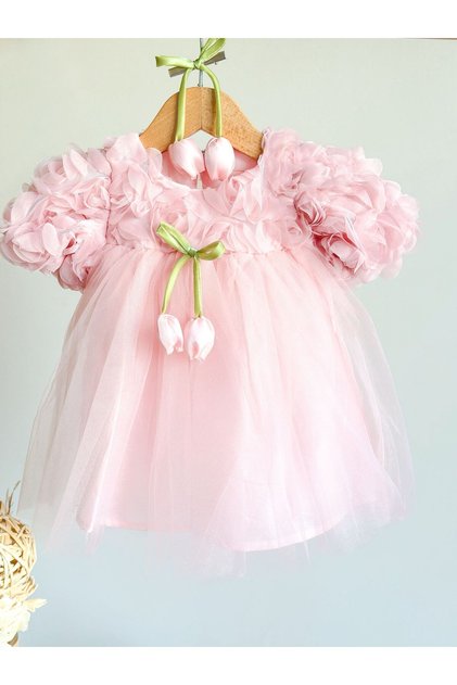 Relief Rose Tulip Detailed Buckle Gifted Girls' Special Day and Birthday Dress