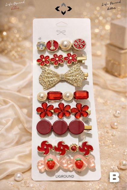 8 Pcs Women's Hairpin Set Colorful Pearl Stone F Bow Detail Snap Buckle Latch Buckle Gift Hairpin Set