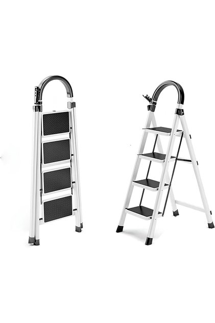 4-step foldable ladder, sturdy steel folding stool, wide non-slip pedals, suitable for outdoor,white
