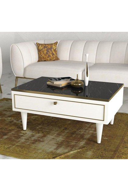 Luxury Coffee Table, 90 Cm Turkish Center Coffee Table with Black Marble Top & Gold Pvc Accents