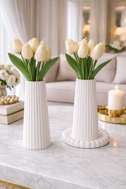 Dekoratif 2 adet Modern vazo ve bubble tabak Şık Çizgili Seramik Çiçek Vazo 19 cm