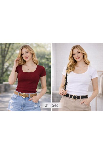 2-Piece Set Women's U-Neck Basic Blouse, Stretchy Corded Fabric Casual T-Shirt, Trend Casual Short Sleeve Blouse, T-Shirt
