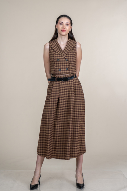 Women's Summer Brown Trendy Short Vest and Belted Skirt Set 1296