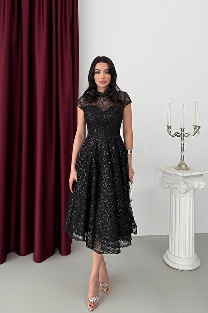 Black Shoulder Detail Lace Embroidered Sequined Midi Evening Dress