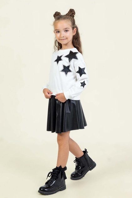 Girl's 2-Piece Set with Leather Star Detail and Leather Skirt, Black, Ages 4-9
