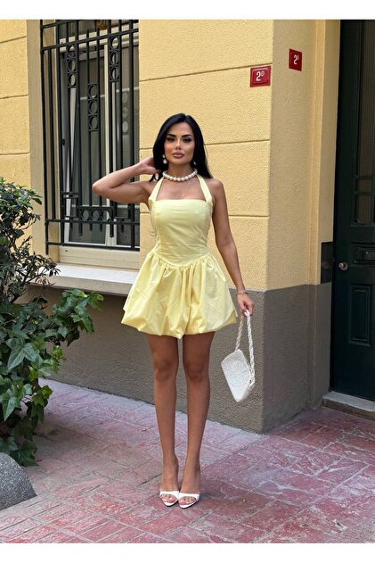 Women's Yellow Halter Neck Balloon Mini Dress Yel221709