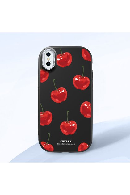 iPhone XS Max Compatible Shock-Absorbing Camera Protected Black Silicone Case Cherry Patterned