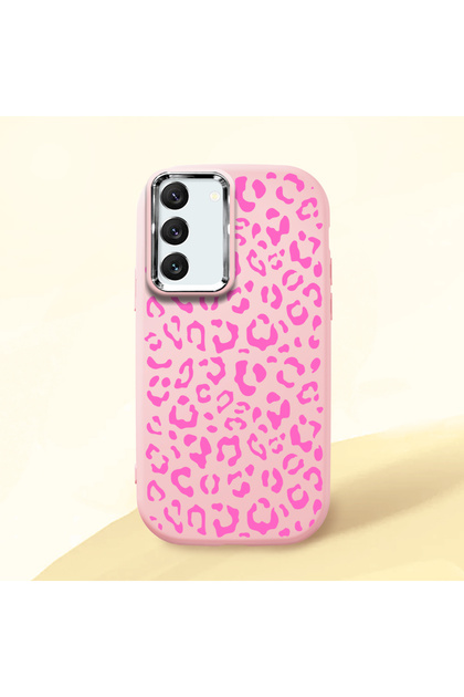 Samsung Galaxy S22 Compatible Shock-Absorbing Camera Protected Pink Silicone Case Leopard Printed I