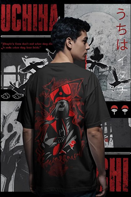 Ninkasiwear Itachi Uchiha Anime Unisex Oversize Tişört - Özel Yaka