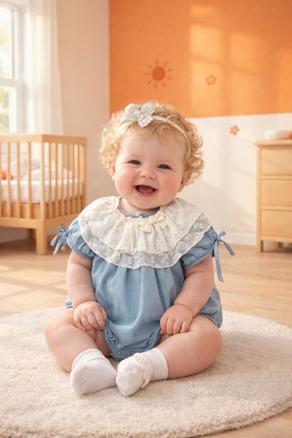 Denim Romper Lace Collar Detail Baby Girl 100% Cotton Set of Organic Cotton in Special Boxed Set of 4