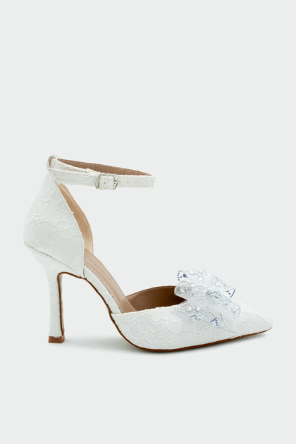 Rodop Stone Bow Detail Women's White Heeled Shoes