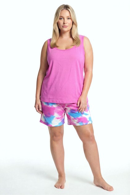 Plus Size Patterned Women's Athlete Pocketed Pajama Set with Shorts – Fuchsia