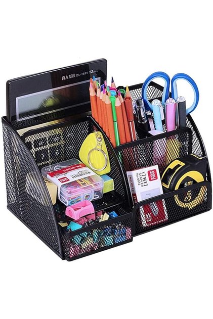 Organizator de birou metalic, 6 compartimente, plasă neagră, versatil, 12,5x14x22 cm