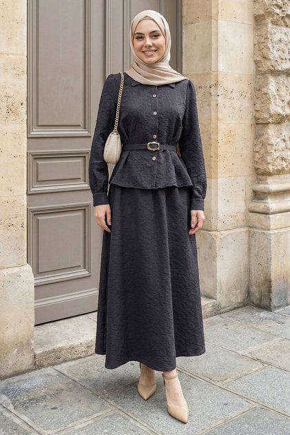 Belt Piece Smoked Suit with Buttoned Front Skirt