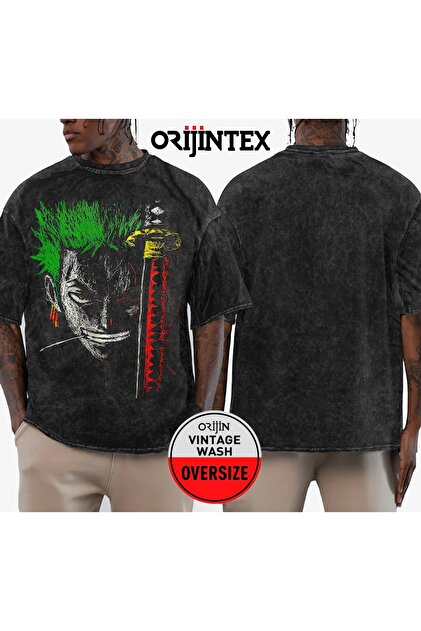 orijintex One Piece Roronoa Zoro Çizgili Baskılı Yıkamalı Oversize