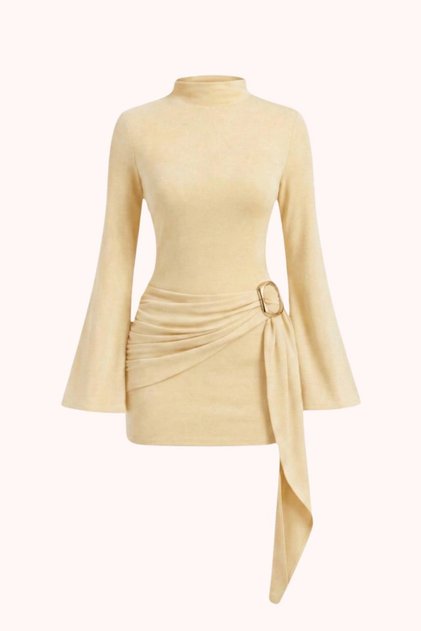 Buckle Detail Belted Mock Neck Mini Women’s Dress