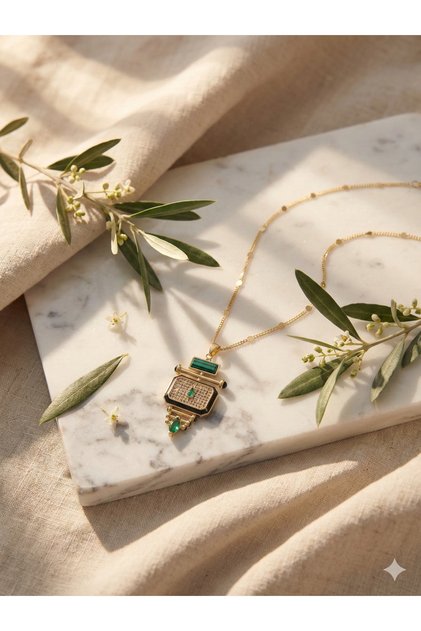Women's Gold Tarnish-Resistant Steel Necklace - Art Deco Geometric Design Locket with Green Stone