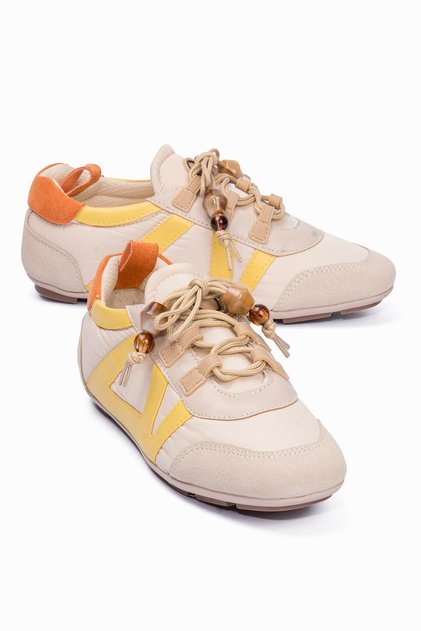 Women's Sneakers Yellow Detailed Rubber Laced Casual Sports Shoes Zinya Beige