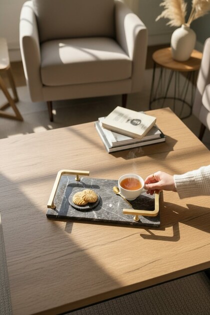 Marble Anthracite Matte Gold L Design 30X20 cm Tray