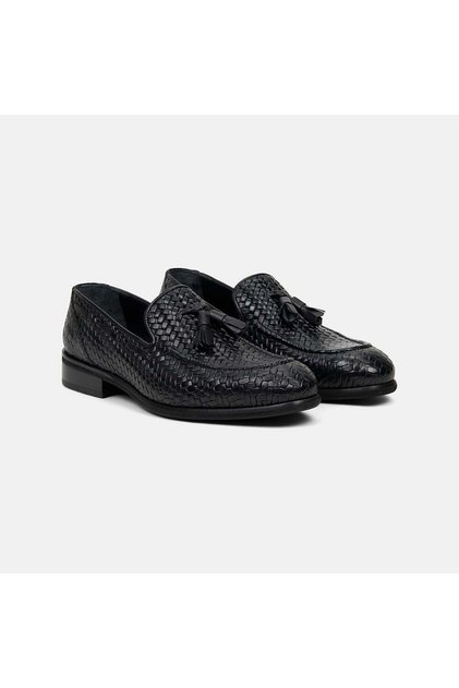 Men's Black Knitwear Patterned Tasseled Leather Loafers
