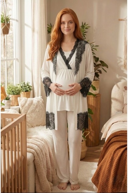 New Season Ecru Summer Nursing Feature 100% Cotton Short Sleeve Maternity Pajama Set