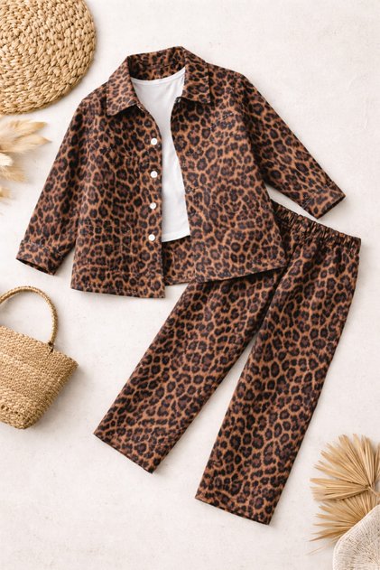 Girl's Leopard Printed Piece Jacket, T-Shirt and Pants Set