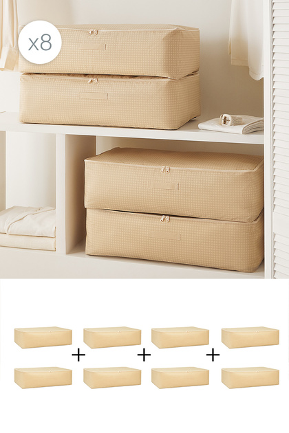 8 Pieces Mega Size Beige Gingham Under-Bed Suitcase Organizer Bag 74X46X22