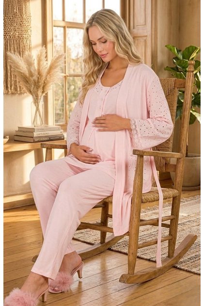 New Season Powder Eyelet Embroidery Linen Detailed Special Design Summer Cotton Maternity Dressing Gown Pajama Set