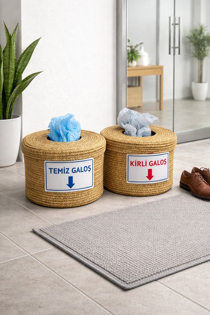 Hasır Tress İp Galoş Sepeti Galoş Kutusu Çöp Kovası Orta Boy Kapaklı 2’li Set Organizer Kutu