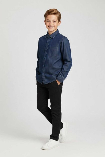 Boys Classic Blue Denim Cotton Linen Shirt | MH