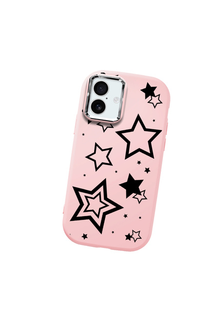 iPhone 16 Plus Compatible Camera Protected Pink Soft Silicone Phone Case Star Patterned